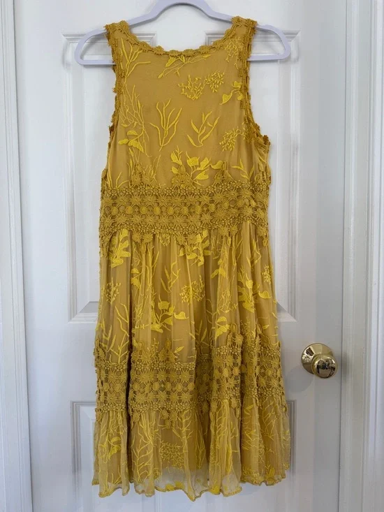 Anthropologie Ranna Gill Veronica Yellow Crochet Lace Floral Dress Size S - Picture 4 of 14